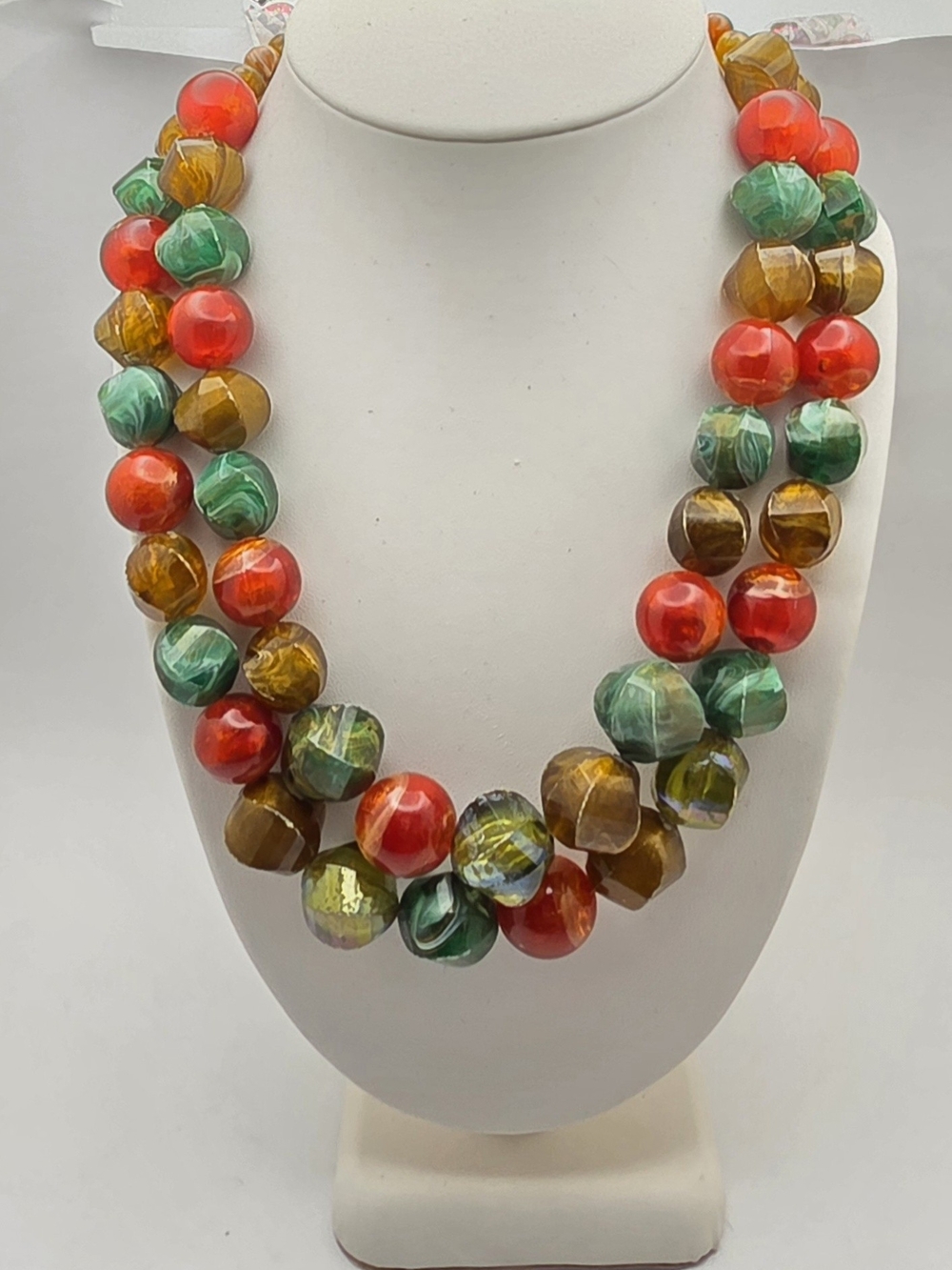 Vintage Double Strand Chunky Bead Necklace MCM Red Green Gold 20"